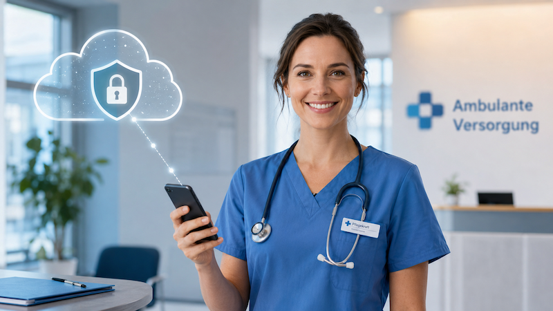Pflegesoftware & Datenschutz symbolisiert durch eine Frau Mit sicherer Cloud